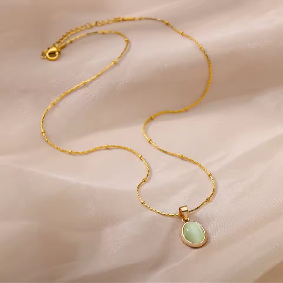 18K Gold Necklace Stainless Steel Opal Oval Pendant Necklace - Picture 7 of 7